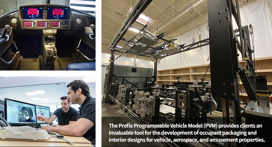 The Prefix Programmable Vehicle Model (PVM) provides clients an invaluable tool for the development of occupant packaging and interior designs for vehicle, aerospace, and amusement properties.